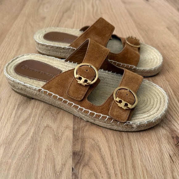 Tory Burch Espadrille Sandals Leather Tan Preppy Size 7.5 - Picture 1 of 14